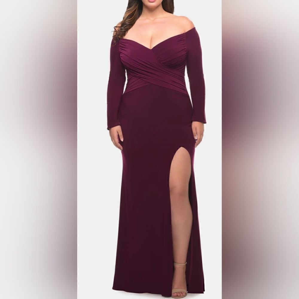 La Femme Long Sleeve Faux Wrap Jersey Gown Off Shoulder 29530 NWT size 14 Berry